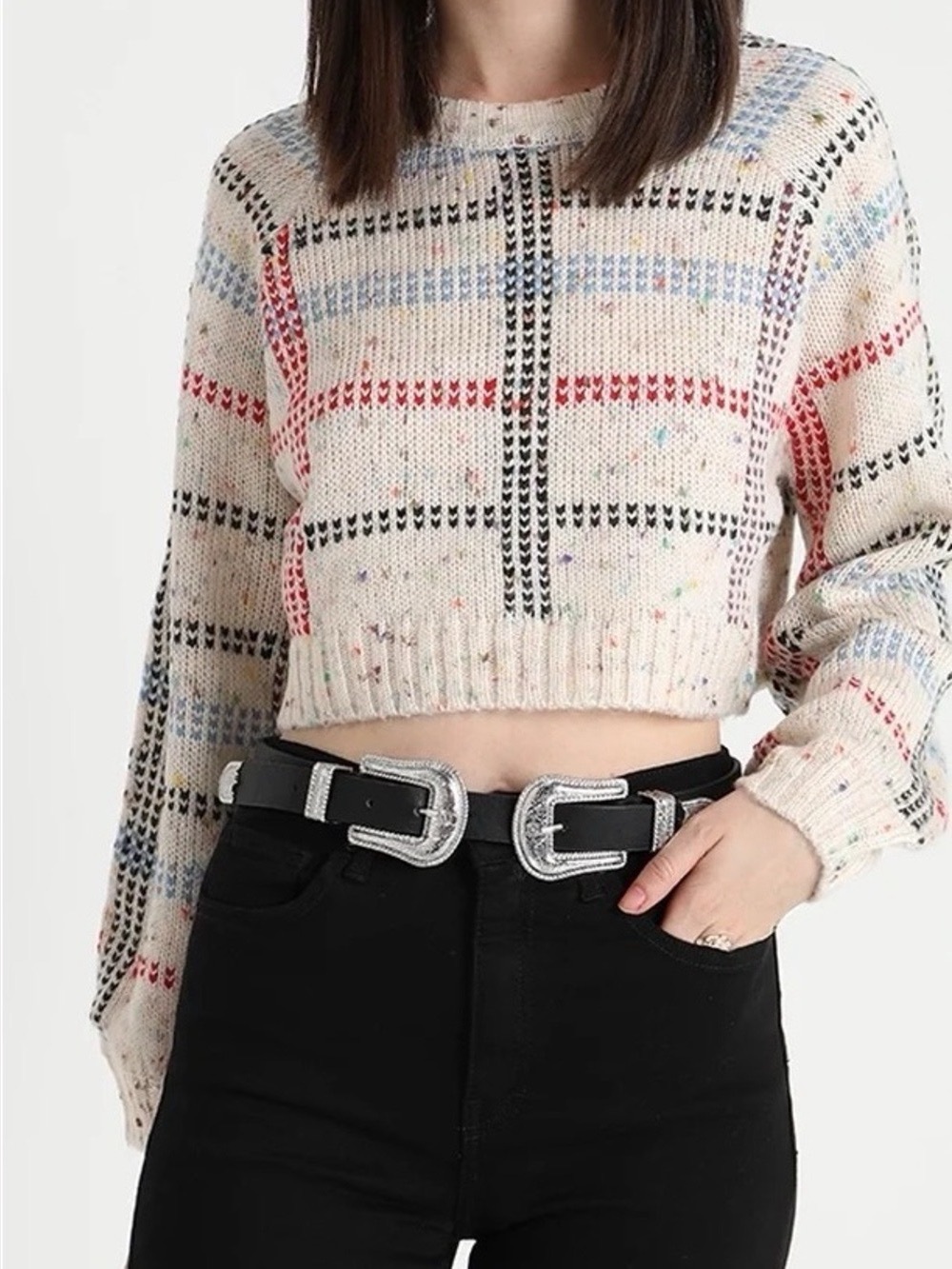 Topshop Size 2 Speckled Plaid Wool Blend Crewneck Balloon Sleeve Cropped Sweater
